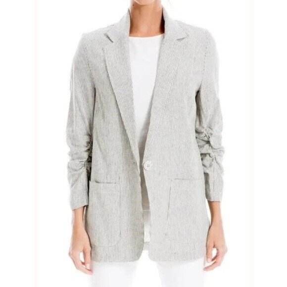 Max Studio Jacket Stripe Linen Blend Ruched Sleeve Oversized - Picture 1 of 12